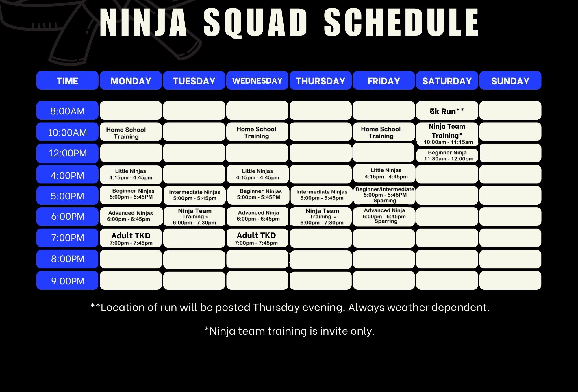 Ninja Squad Athletics schedule